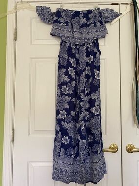 Selfie Leslie Navy Blue and White Floral Off-Shoulder Jumpsuit